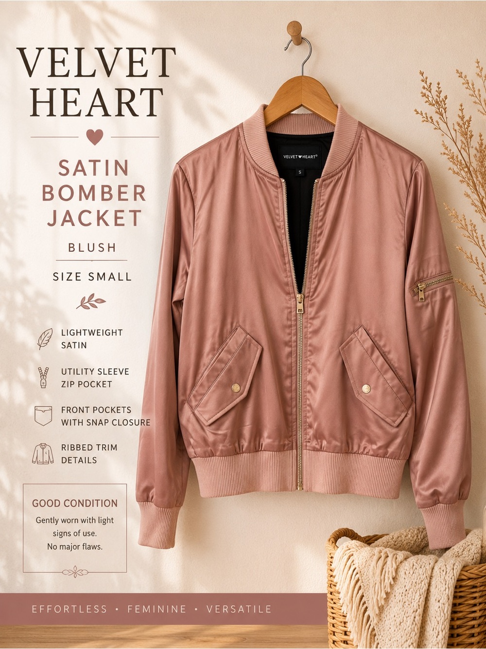 Velvet Heart Satin Blush Bomber Jacket Size S Lightweight Utility Style